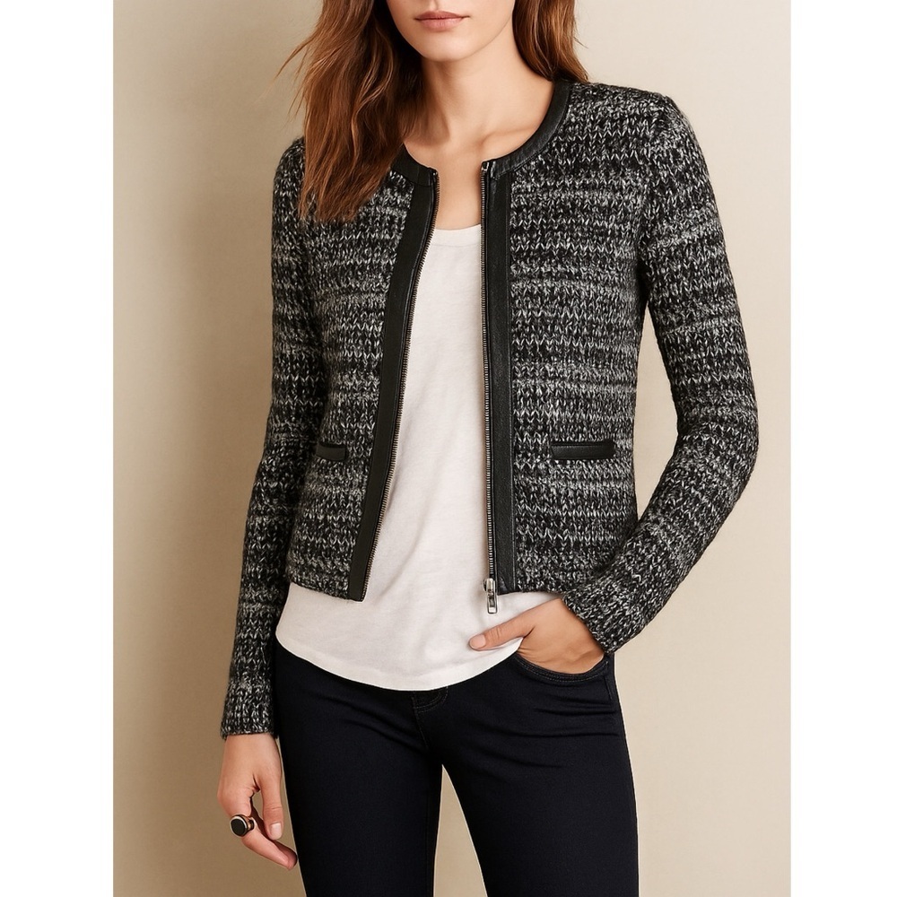 Joie Jacolyn Jacket Caviar Metallic Marled Knit Leather Trim Wool Mohair S